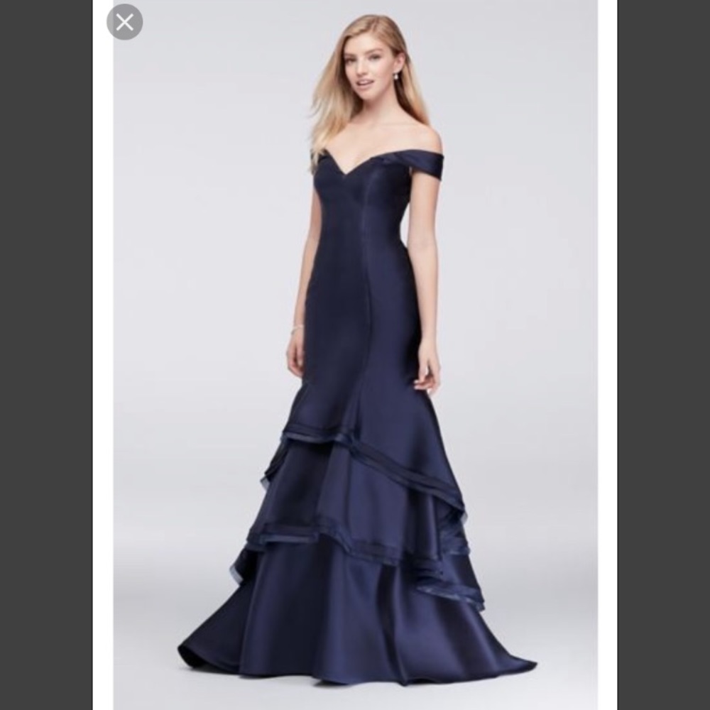 Xscape Tiered Off-the-Shoulder Satin Mermaid Dress